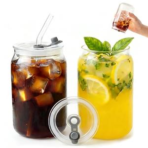 AINFAME Leakproof Glass Cups with Plastic Lids and Straws, 16oz Iced Coffee Cup, Drinking Glasses Tumbler for Water, Boba Tea, Smoothie - 2pcs