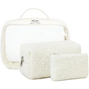 Bluboon 3Pcs Makeup Toiletry Bag for Women, Clear Packing Cubes Cosmetic Bag for Travel Women With Zipper Travel Essentials (Beige Lamb Wool)