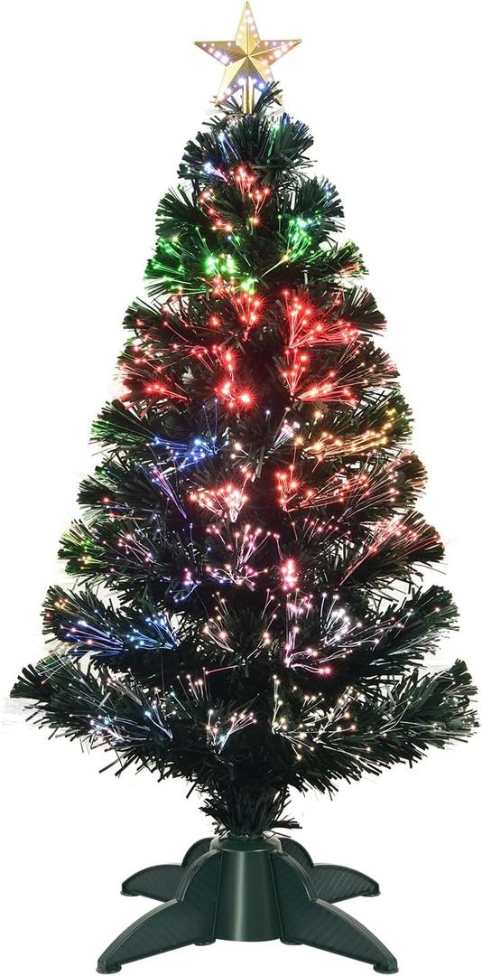 3ft Pre-Lit Fiber Optic Artificial Christmas Tree with Top Star, Multi-Color Lighting Tabletop Mini Christmas Tree with Sturdy Legs,Optical Fiber Xmas Tree for Home, Office, Party Decoration
