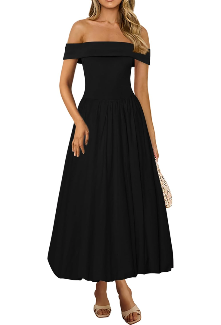 PRETTYGARDEN Womens Summer Off Shoulder Sleeveless Midi Dress Cocktail A Line Flowy Wedding Guest Dresses with Pockets, Small