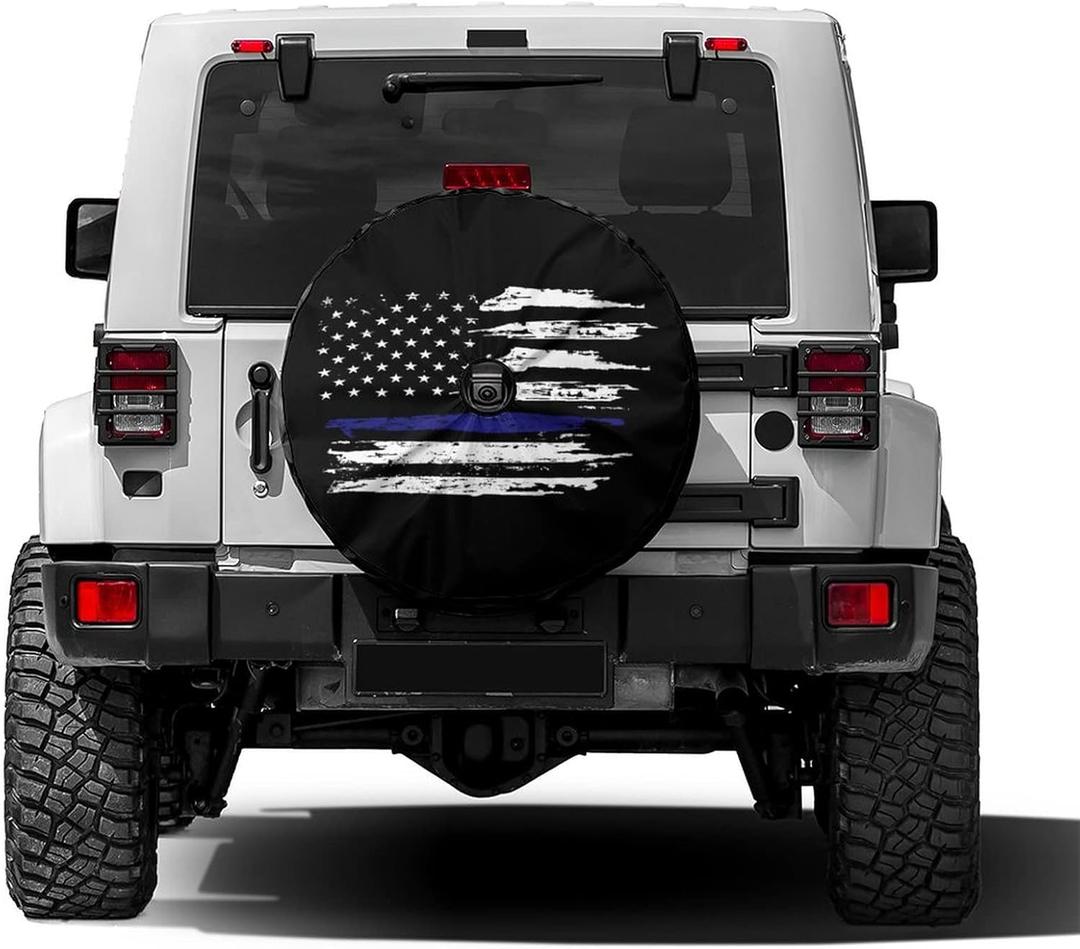 Delerain Spare Tire Cover with Backup Camera Hole Blue Line Flag White Wheel Covers Waterproof Dust-Proof UV Sun Universal Fit for Trailer RV SUV Truck (17 Inch for Diameter 31"-33")