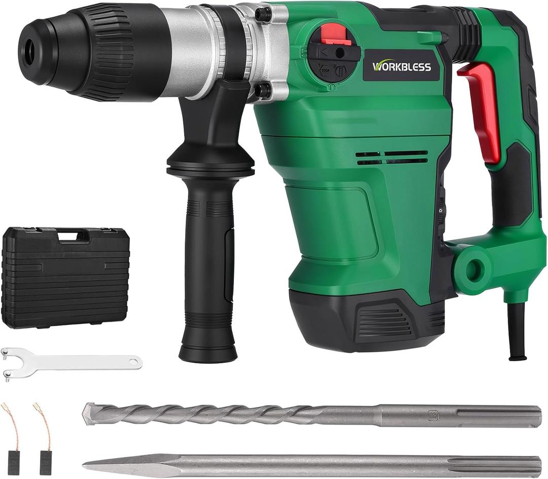 WORKBLESS 1-1/ 2 Inch SDS-MAX Heavy and Duty Rotary Hammer Drill: 13 Amp Corded Hammers Drill - Hammers Drill for Concrete Demolition Chipping, 3 Functions, 6 Speeds, Safety Clutch, 2 Chisel