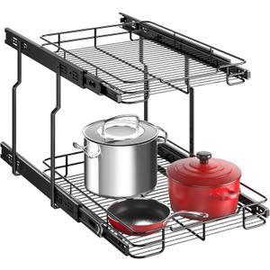 Delamu 14" W X 21" D Pull Out Cabinet Organizer, 2 Tier Heavy Duty Cabinet Shelf Organizers, Cabinet Slide Out Shelves for Kitchen, Pantry and Bathroom, Black Silver
