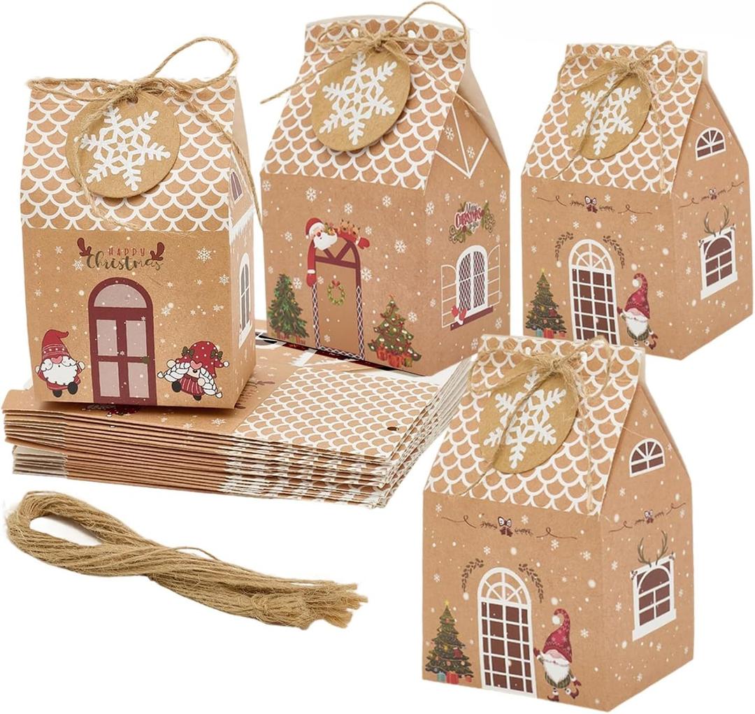 A AEDOLL 24 Pcs Christmas Gift Boxes, Xmas Candy House Style Goodies Treat Bags for Christmas Party Gift (Brown)