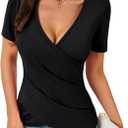 KIFOVEN Women's Summer T Shirt Short Sleeve Deep v Neck Wrap Ruched Slim Fit Tees Shirt, S