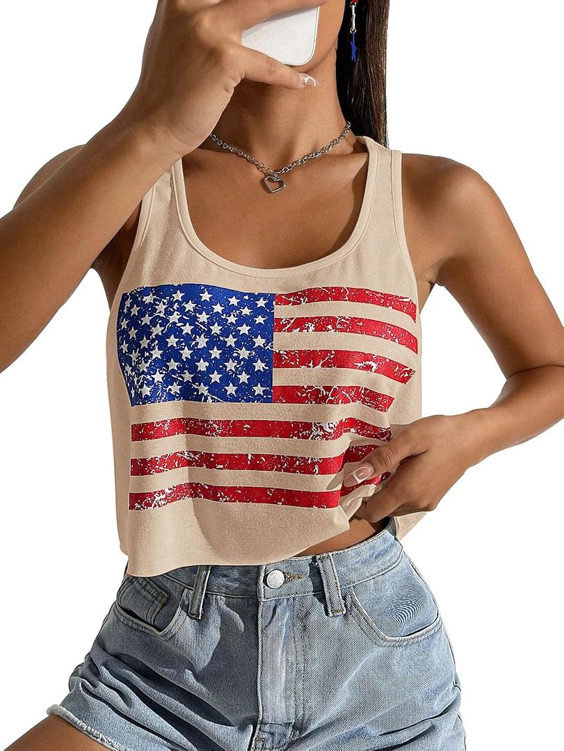 Women's 4th of July Outfits USA Shirt Patriotic Tank American Flag Crop Top (Beige)
