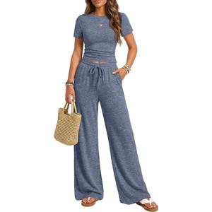 Trendy Queen Womens 2 Piece Lounge Matching Sets Wide Leg Pants Crew Neck Short Sleeve Shirt Sweatsuits, Size XS