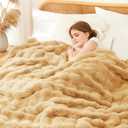 L'AGRATY Faux Rabbit Fur Blanket: 60" x 80" Twin Luxury Soft Fluffy Thick Fur Throw Blanket for Couch Bed - Cozy Plush Bubble Blankets for Winter: Flannel Fleece Decorative Blanket(Milk Tea Brown)