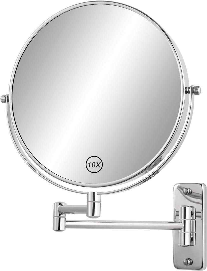 8 Wall Mounted Makeup Mirror - 1X/10X Double Sided Magnifying Bathroom Mirror, 360 Swivel Extendable Vanity Shaving Mirror with Adjustable Arm for Bathroom, ChromeNo Light