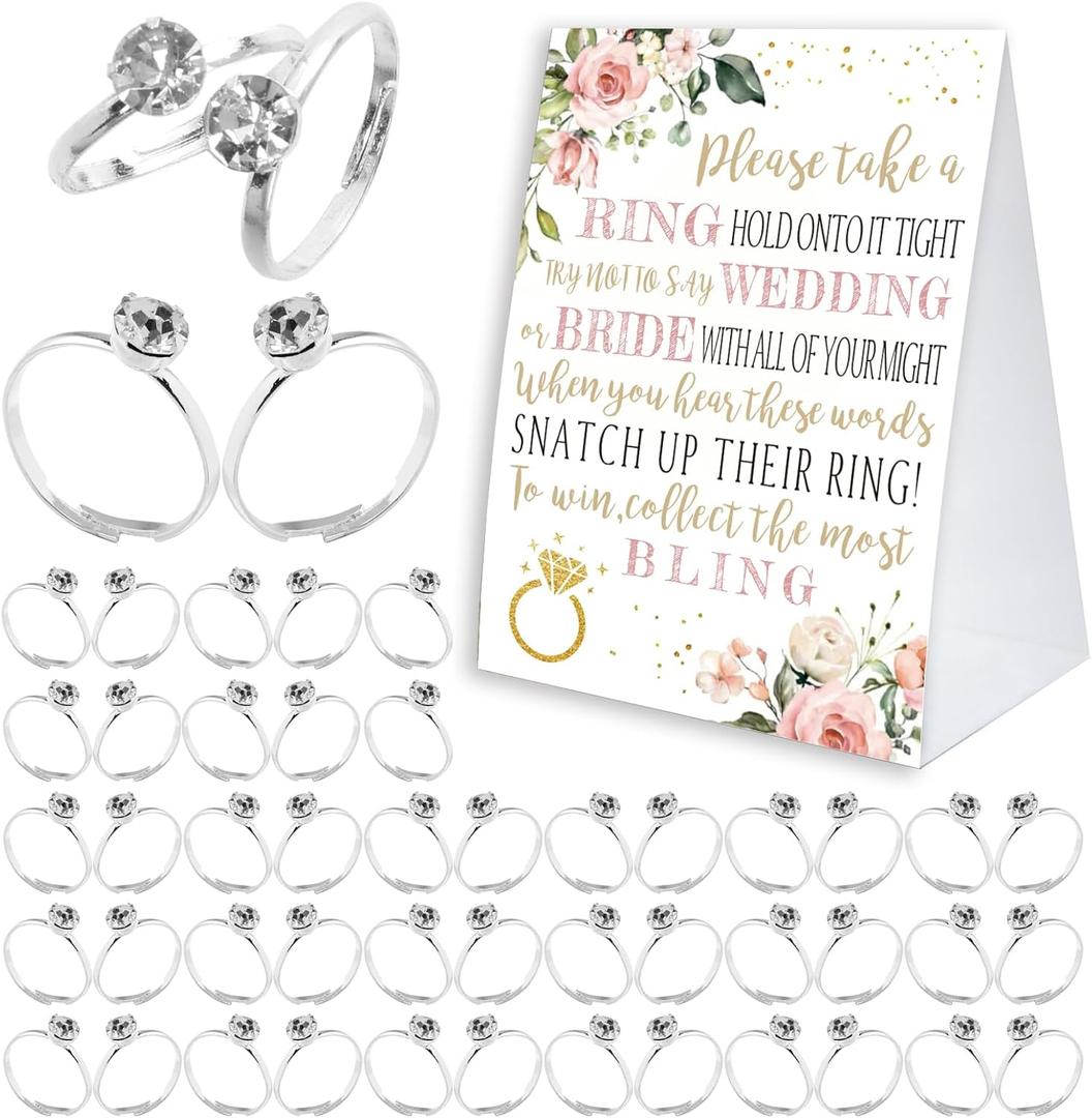 BEUFSE Bridal Shower Ring Game, 'Put a Ring On It' with 50 Fake Rings, Wedding Party Game for Guests - RG14