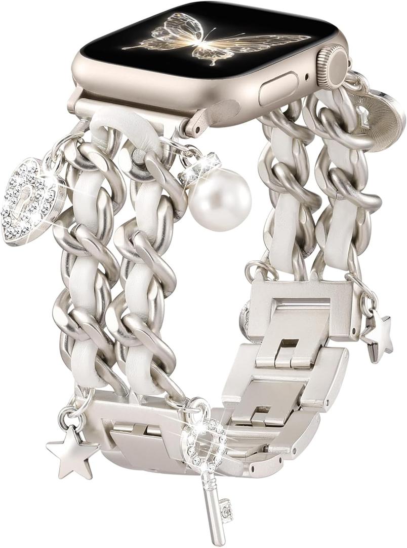 Stylish Metal Band Compatible with Apple Watch Bands for Women 40mm 38mm 41mm 44mm 42mm 45mm 46mm,Pretty Chain Strap with Apple Watch Accessories Charms for iWatch Series 11 10 9 8 7 6 5 4 3 2 1 SE (Silver Band/Key)