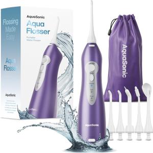 AquaSonic Water Flosser - Cordless Rechargeable Water Flossers for Teeth Cleaning - Waterproof Aqua Flosser, Portable Oral Irrigator for Dental Cleaning with 5 Jet Tips  Braces Home Travel (Satin Purple)