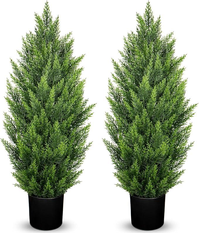 Briful 3FT Artificial Cedar Topiary Tree for Outdoors Potted Fake Cypress Tree UV Resistant Faux Evergreen Plants for Indoor Porch Garden Patio Gazebo Pergola Decor