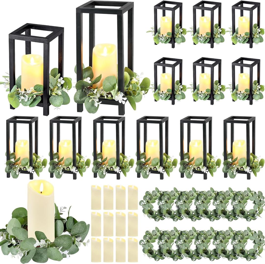 Geelin 12 Set 10.59'', 13'' Black Wooden Lanterns for Centerpieces Include 12 Wooden Lantern 12 LED Candle 12 Eucalyptus Leaves Wreath for Wedding Baby Shower Farmhouse Table Decor