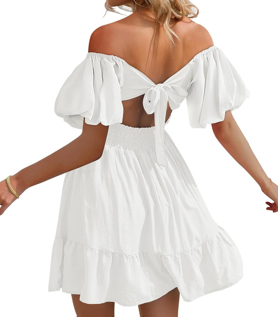 Phortric Womens Summer Tie Back Dress Square Neck Lantern Sleeve Off Shoulder Casual Mini Dresses (Large)