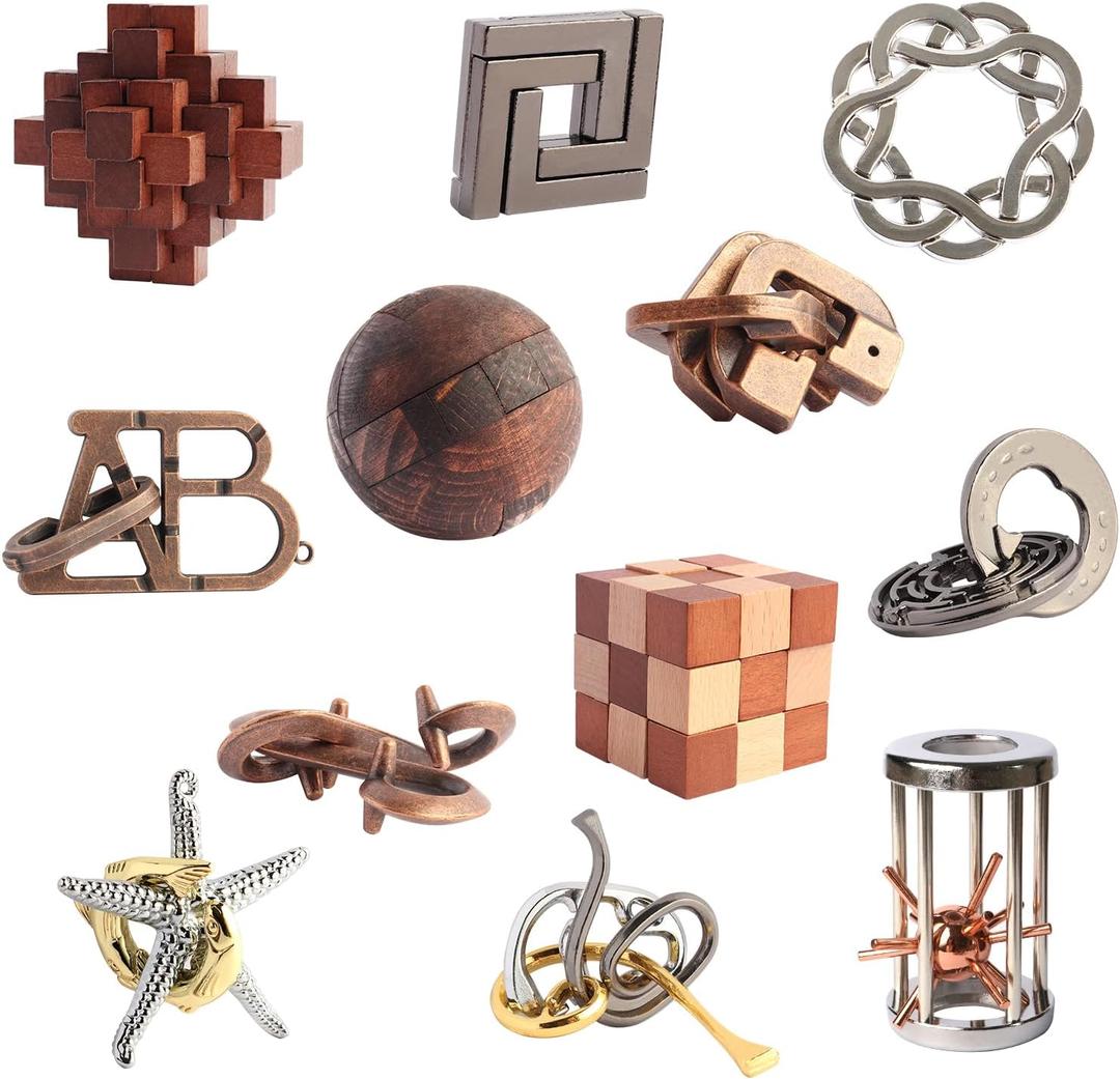 Puzzles Toys Brain Teaser Puzzles 12pcs Ring Puzzles Metal Wooden Puzzles Logic Lock for Adults Kids Toy Gift for Teens, 12 pieces
