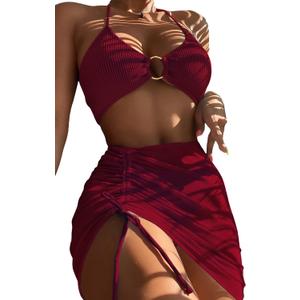 MakeMeChic Women's 3 Piece Bathing Suits Halter Ring Bikini Set with Cover Up Skirt Maroon S