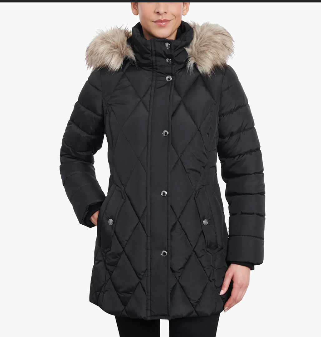 ZIP-FRONT DIAMOND QUILTED JACKET WITH ZIP-OFF FUR TRIM HOOD XL