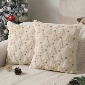 Christmas Pillow Covers 18 x 18 inch Set of 2 Beige Christmas Tree Pillow Covers Decorations Plush Faux Fur Soft Cushion Case for Winter Xmas Holiday Home Bedroom Sofa Decors PT004-C18