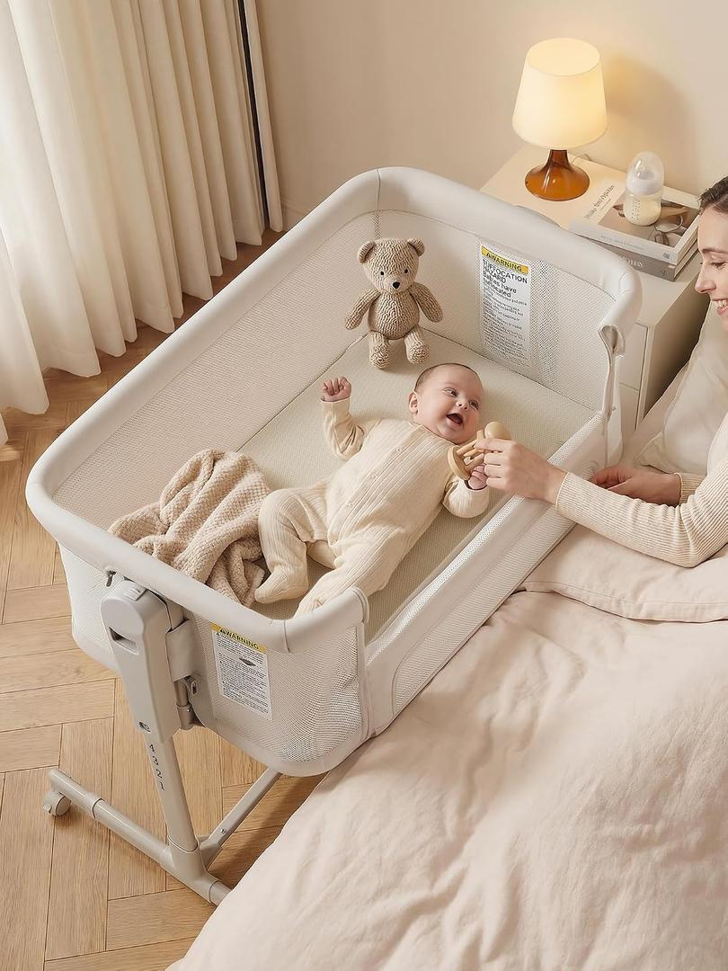 ONTHEWEI Baby Bassinet Bedside Sleeper 3-in-1, Easy Night Feeding with One-Side Fold & Rolling Wheels, Breathable Mesh, 6-Height Adjustable, Soft Mattress for Newborns