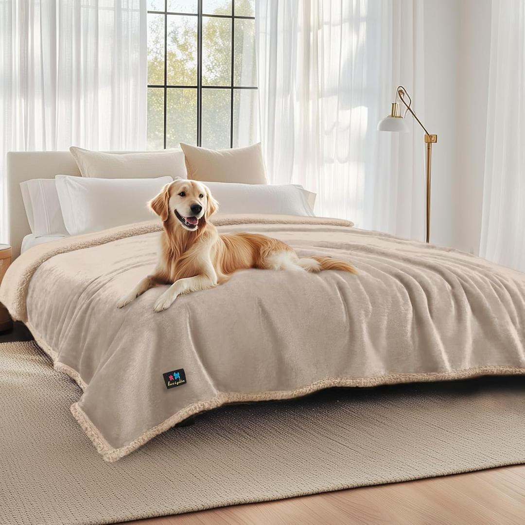 Luciphia Waterproof Pet Blankets, Liquid Pee Proof Dog Blanket for Sofa Bed Couch, Reversible Sherpa Fleece Furniture Protector Cover for Small Medium Large Dogs Cats, Dark Beige King Size100" x 85" (Grey Beige-thicken)