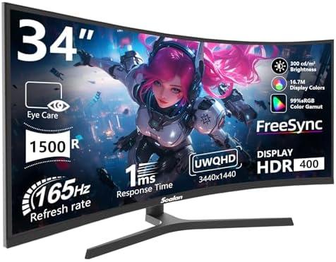 Sealan 34 inch Curved Ultrawide Gaming Monitor 165Hz,3440x1440 21:9 UWQHD, 1ms(MPRT),1500R, PIP/PBP,HDR400, 99% sRGB,300nits, FreeSync, HDMI2.0(TMDS) x2,DP1.4 x2, Eye Care, VESA(75 * 75mm)