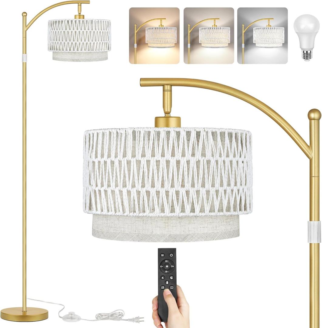 Rattan Floor Lamps for Living Room, Boho Standing Lamps with White Rattan& Linen Double Shades, Arc Lamps Floor Standing with 9W Bulb, Foot Switch, Gold Bohemian Floor Lamps for Bedroom, Office-Drum