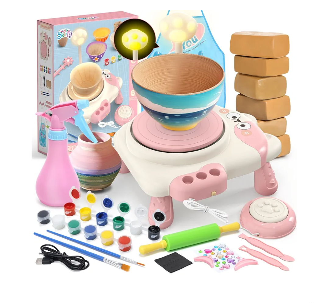 Skirfy Pottery Wheel for Kids Beginners with Light,Arts and Crafts for Kids Ages 8-12,Ceramic Wheel with Painting Kit, Adjustable Speed,Birthday Christmas Thanksgiving Gift for Girls Boys Age 6+