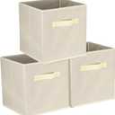 uxcell 3Pcs Fabric Storage Bins, 11 Inch Cube Storage Bin Foldable Storage Cube Organizer Bins with Handles for Shelf Closet, Nursery Home, Bedroom(Beige)