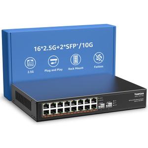 18 Port 2.5G Umanaged Ethernet Switch, 16 x 2.5Gb Base-T Ports, 2 x 10G SFP+, Compatible with 100/1000/2500Mbps, Metal Fanless, Desktop/Rack Mount YuanLey 2.5Gbe Network Switch for Wireless AP, PC
