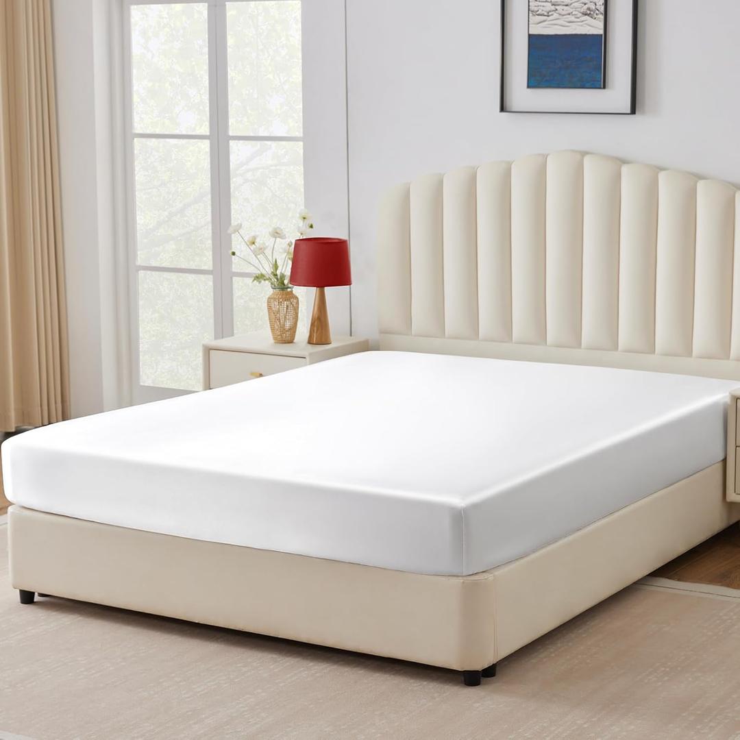 CozyLux Satin Fitted Sheet Queen Size, White Silky Satin Bed Fitted Sheet Only with Silky Microfiber, Deep Pocket, Single Bottom Sheet Sold Separately, Breathable, Smooth and Soft
