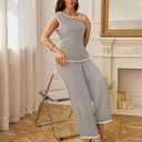 BeryLove 2 Piece Sets for Women Casual Short Sleeve Summer Tops and High Rise Wide Leg Pants Lounge Sets 601 Khaki S (S)