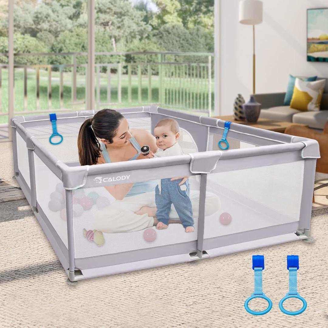 Calody Baby Playpen, 50x50inch Large Baby Playard for Toddlers, Playpen for Babies and Toddlers with Gate, Indoor & Outdoor Toddler Play Pen Activity Center for Babies, Kids, Infant (Green, Grey)