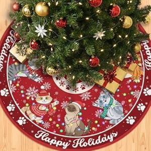 Cat Tree Skirt, Red Christmas Tree Skirt 48 Inch, Cat Christmas Tree Mat for New Year Thanksgiving Halloween, Holiday Indoor Outdoor Decorations, Xmas Gift for Family
