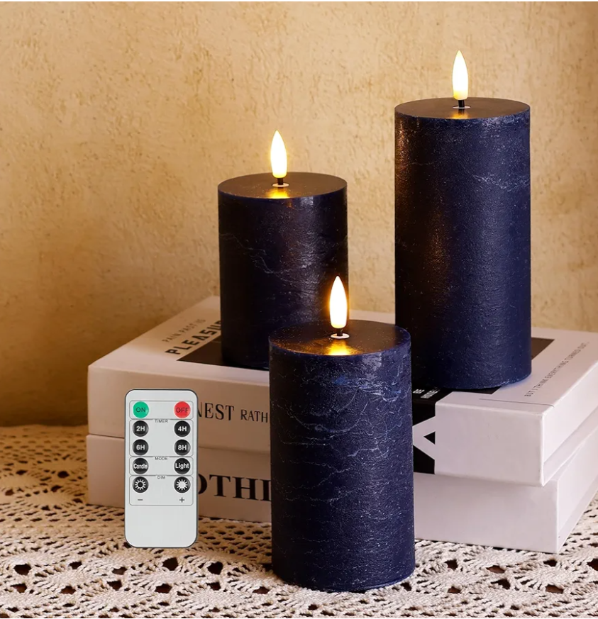 Navy Blue Flameless Candles, Real Wax Battery Operated Candles with Remote, Flat Top Flickering LED Pillar Candles for Home Party Wedding Holiday Decor, Set of 3 (H 4" 5" 6" x D3)
