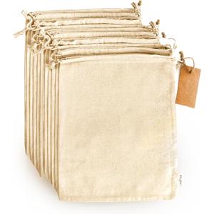 LEAFICO Multipurpose Eco Cloth Bags - Large 10x12 Inch 12 Pcs - Cotton Produce Storage Sacks - Muslin Drawstring Pouches for Vegetables - Bread Bags - Linen Fabric Sachets