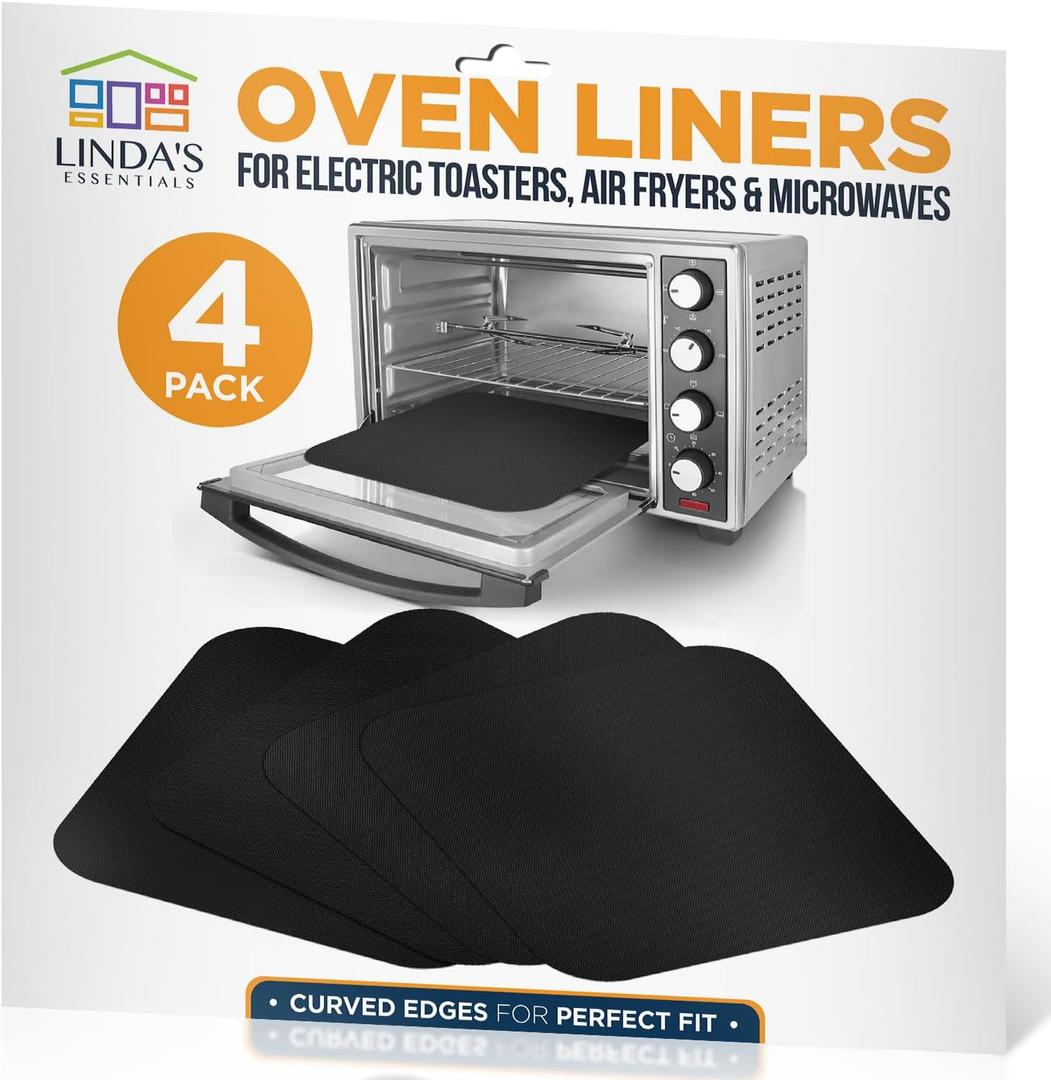 Toaster Oven Liners for Bottom of Oven (4 Pack) Reusable Non-Stick Heat Resistant Toaster Liners, Compatible with Breville, Cuisinart, Black & Decker, Dash, and More - Air Fryer Liners 12"x12" (Black)