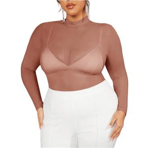 COZYEASE Women's Plus Size Sheer Mesh Tops Mock Neck Long Sleeve Tee Tops Trendy Slim Fit Clubwear (L)