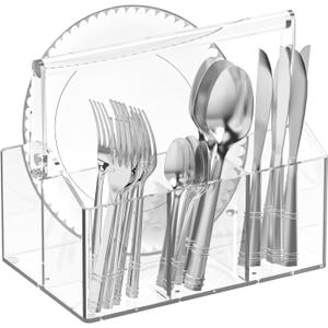 Silverware Organizer, Paper Plate Holders, Cutlery and Flatware Caddy for Countertop, Table, Buffet, and Picnic - Acrylic Party Utensil Holder for Knives, Forks, Spoons, Plates, Napkins