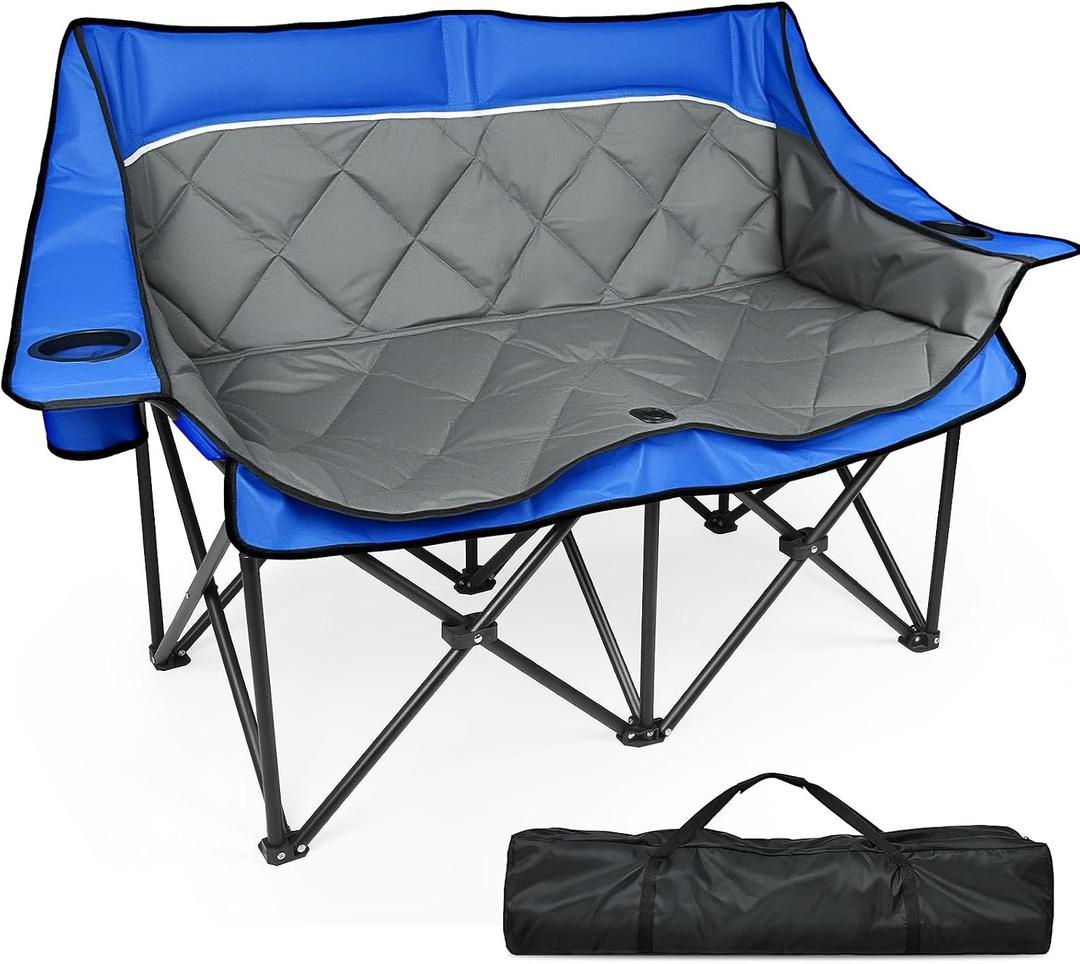 Double Camping Chair, Heavy Duty Folding Loveseat Camping Chairs, Blue, 57.5" W x 37.4" H x 21.6" L