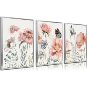 3pcs Pink Peony Floral Canvas Wall Art Butterfly Blossom Posters Prints Watercolor Bouquet Wall Decor Pictures For Living Room Classroom Bedroom Decoration Unframed