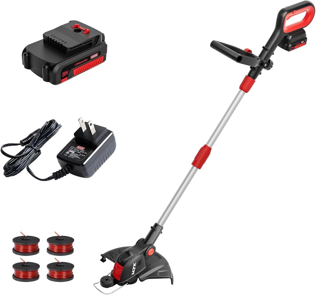 MZK 20V 12'' Cordless String Trimmer, Grass Trimmer&Edger with 4 Replacement Spools, Battery Powered Lightweight Weed Trimmer with Auto Line Feed(Battery and Fast Charger Included)