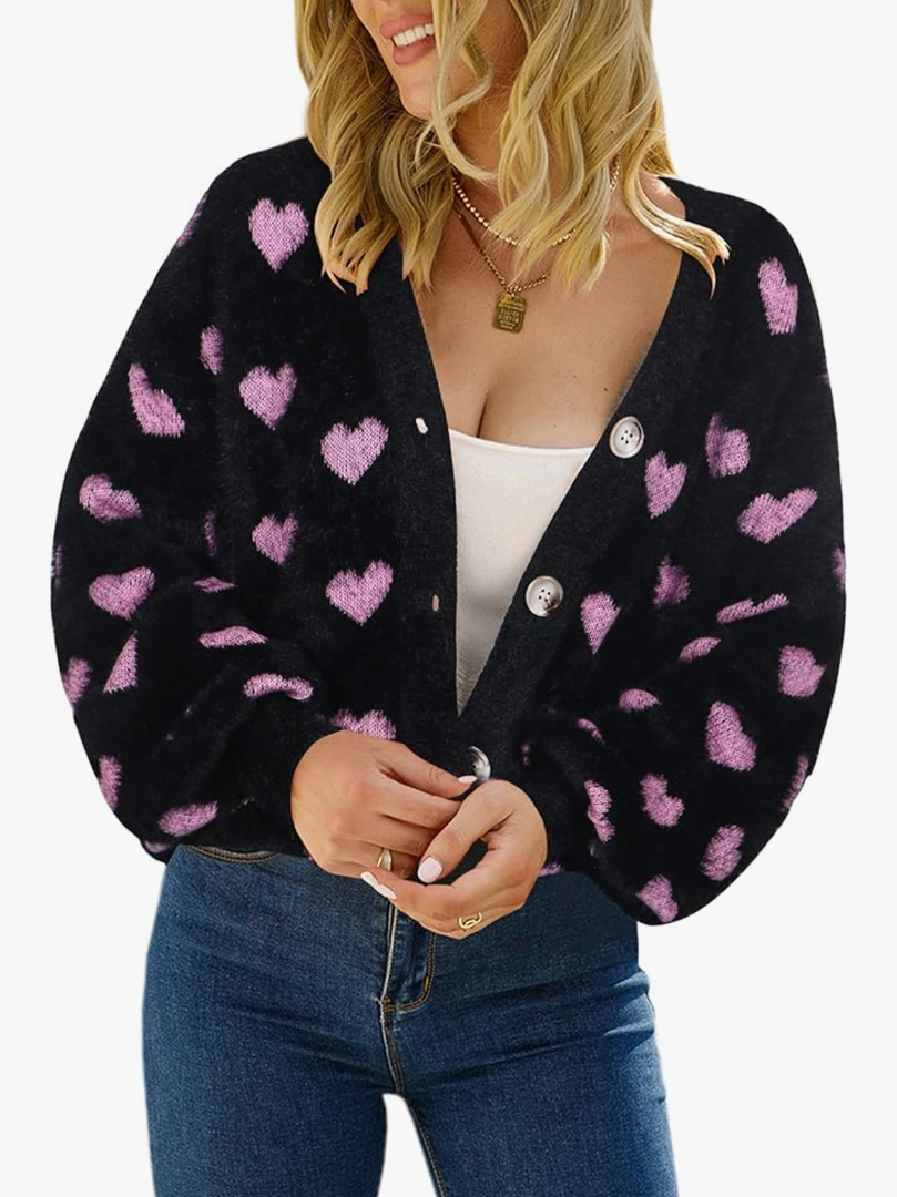 ECOWISH Women Floral Cropped Cardigan: Fall Long Sleeve Button Down Fuzzy Heart Print Knit Sweaters Casual Y2k Outerwear