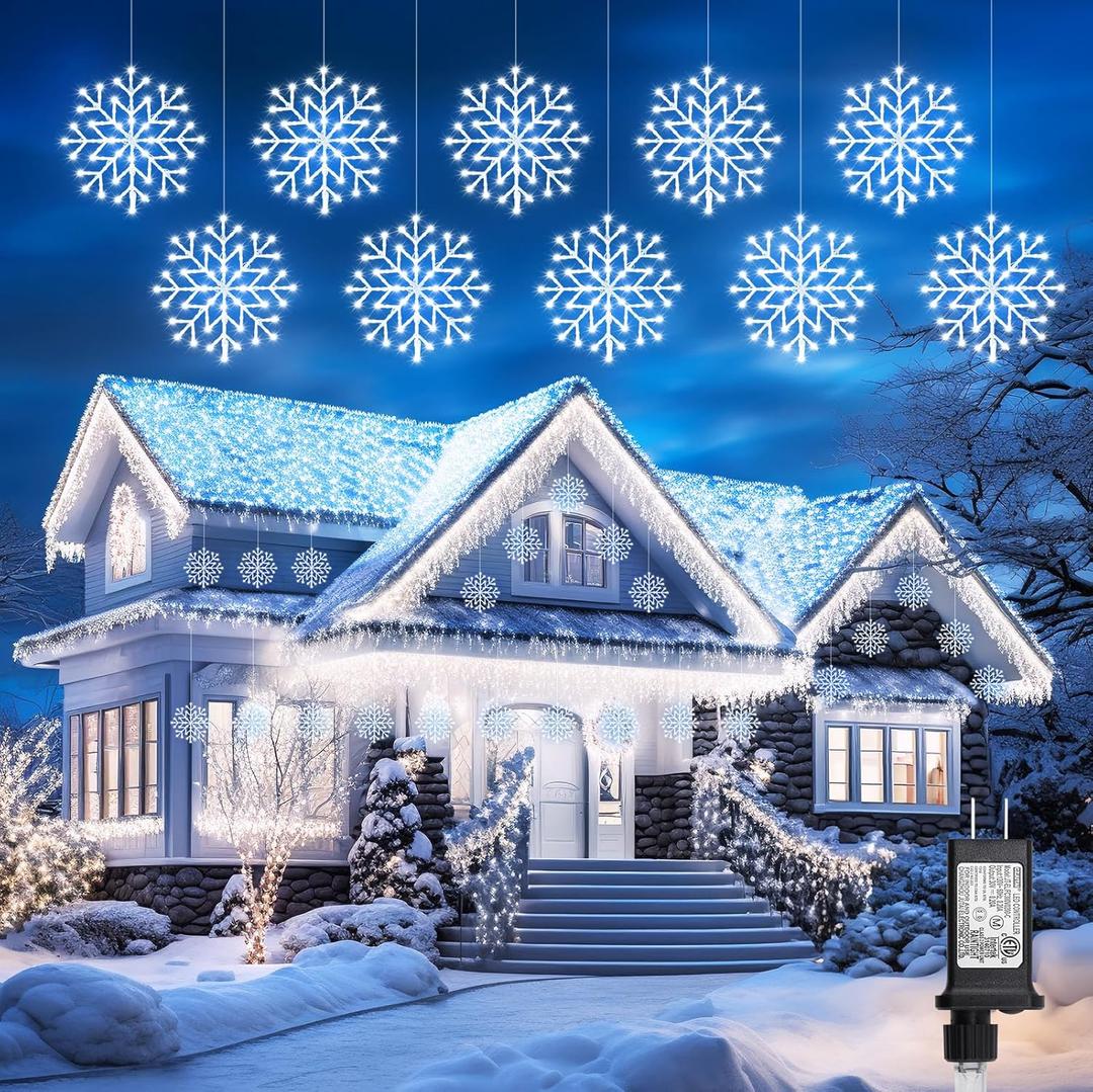 Christmas Snowflake Lights Outdoor - Plug-in 23.6ft 10 Drops 480LED Snowflake Window Lights, Connectable for Indoor Outdoor Porch Eaves Rooftops Pergola Canopy Christmas Decor (White)