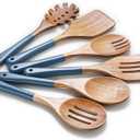 Wooden Spoons For Cooking, 6 PCS Natural Acacia Wooden Cooking Utensils, Non-Stick Wood Kitchen Utensil Set for Kitchen Essentials, Smooth Grip Wood Cooking Spoons with Hanging Hole, Blue