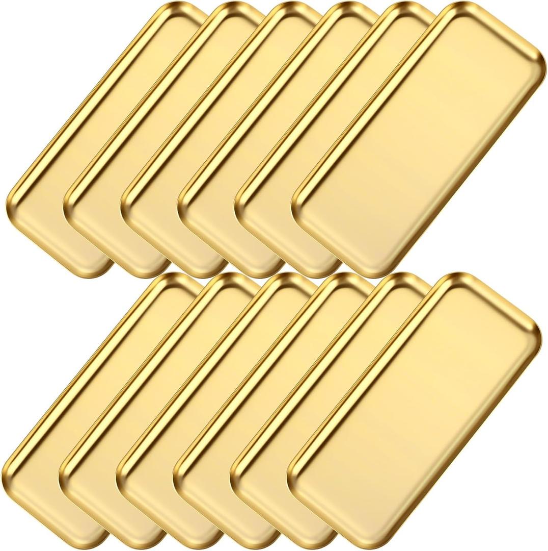 Vesici 12 Pcs Gold Stainless Steel Decorative Tray Bulk 8.66 X3.82 Inches Rectangle Serving Vanity Tray Small Jewelry Makeup Decorative Storage Platter for Bathroom Napkin Dish Plate Tea Fruit