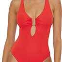 BECCA Women's Modern Edge One Piece Swimsuit, Plunge Neck, Adjustable, Tie Back, Bathing Suits (Large, Fire)
