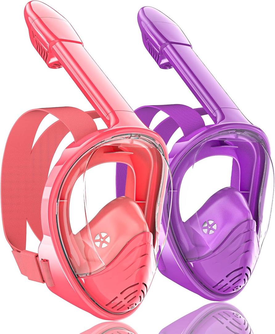 QingSong Kids Snorkel Mask Full Face, Snorkeling Set with Camera Mount, Foldable 180 Degree Panoramic View Snorkeling Gear Anti-Fog Anti-Leak (X-Small, Pink/Purple)