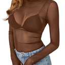 KIFOVEN Women’s Sheer Mesh Top Long Sleeve Mock Neck See Through Sexy Bodycon T Shirt Blouse Clubwear Caramel Medium