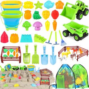 Beach Toys, Farm Theme Sand Toys for Kids Boys and Girls with 2 Truck, 2 Collapsible Bucket, Sand Castle Building Kit, Molds, Mesh Bag, Farm Animals, Tools, Indoor Outdoor Toys for Kids Ages 3-10